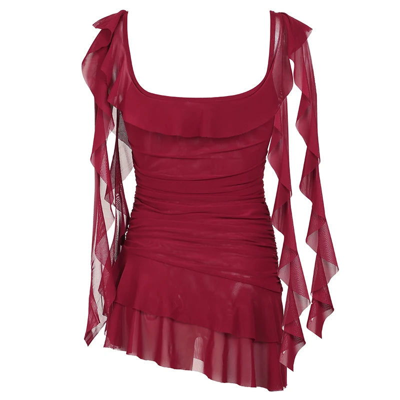 Aline Asymmetrical Tiered Mini Dress Coquette Aesthetic Ruffle Square Collar Layered Dresses Party