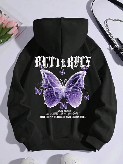 Purple Butterfly Printing Hoodies Fleece Pocket Hoody Simple Hoodie Autumn Loose Female