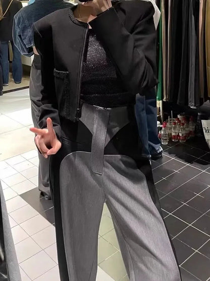 Chestnut Spring Newdesign Sense Color Contrast Patchwork Suit Pants High Waist Slimming Loose Wide Leg Mop Pants