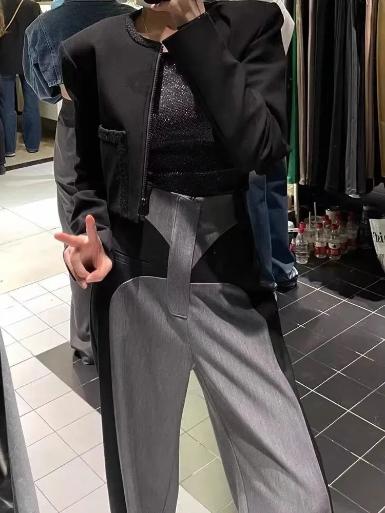 Chestnut Spring Newdesign Sense Color Contrast Patchwork Suit Pants High Waist Slimming Loose Wide Leg Mop Pants