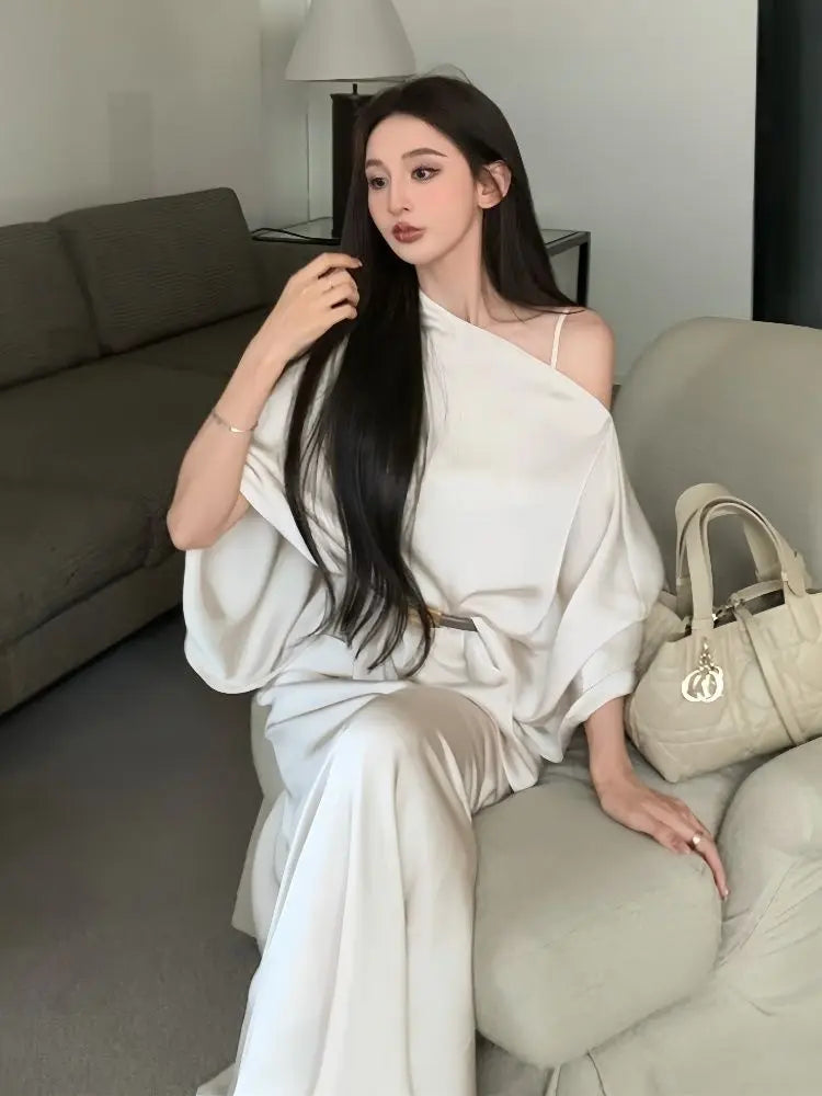 French Style Fish Tail Dress Set Slimming Strap Camisole Long Dress Summer New Slant Shoulder Top Two Piece Set Outfits