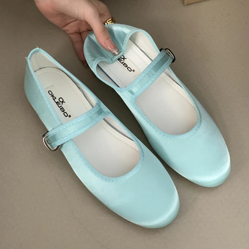 Comfort Satin Soft Sole Mary Jane Shoes Round Toe Shallow Flats Buckle Prom Designer Ballet Shoes