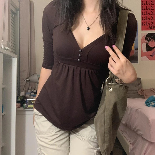 Lady T-shirt Brown Button V Neck Slim Pullovers Tees Y2k Aesthetic Grunge Top Holiday Clothes