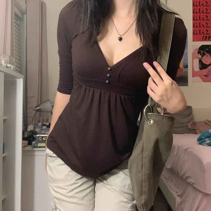 Lady T-shirt Brown Button V Neck Slim Pullovers Tees Y2k Aesthetic Grunge Top Holiday Clothes