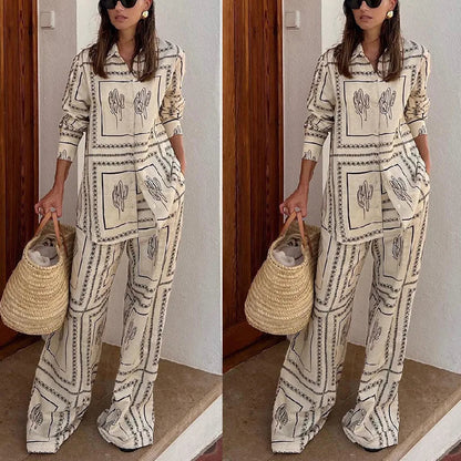 Printed Shirts Two Piece Set Long Sleeve Lapel Shirts High Waist Wide Leg Pants Suit for Home Wear Outfits Clothing