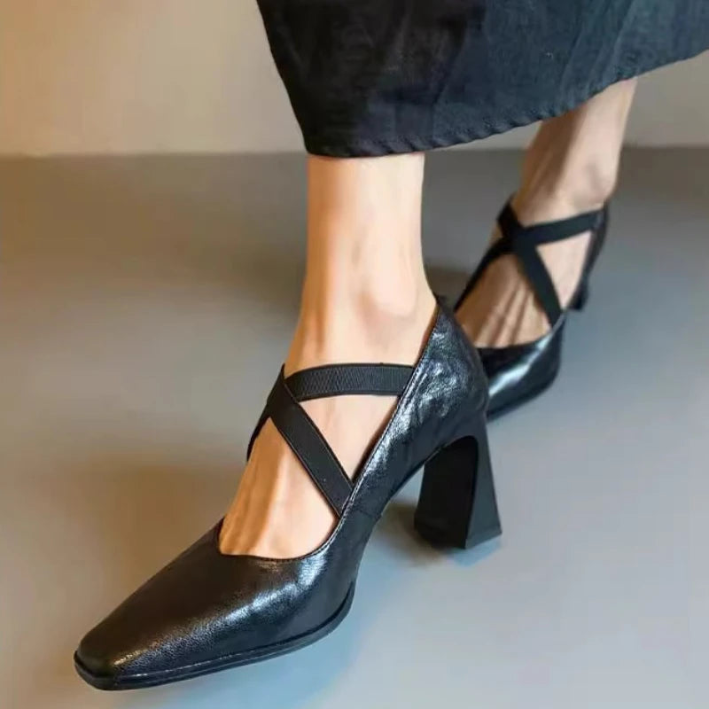 Comfortable Crosstied Chunky Heel Pumps Square Toe Shallow Mouth Sandals Office Brand Shoes Tacones Mujer