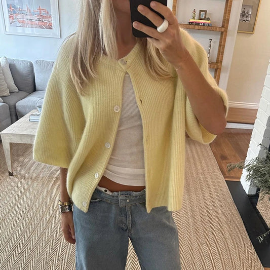 Button Up Short Sleeve Cardigans Preppy Aesthetic Y2k Knitted Sweater T-shirt Loose Fit Knitwear Tops High Street