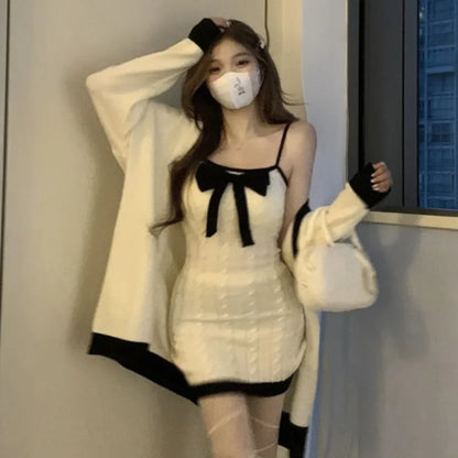 Knitted Two-piece Set Bow Designer Sweet Party Dress Set Female Korean Style Sweater Mini Dress Suit Winter