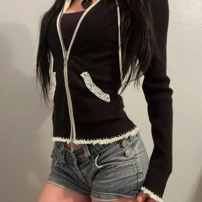 High Street Lace Patchwork Hooded Sweatshirt Y2k Long Sleeve Double Zipper Jackets Spring Autumn New Cardigan Coat
