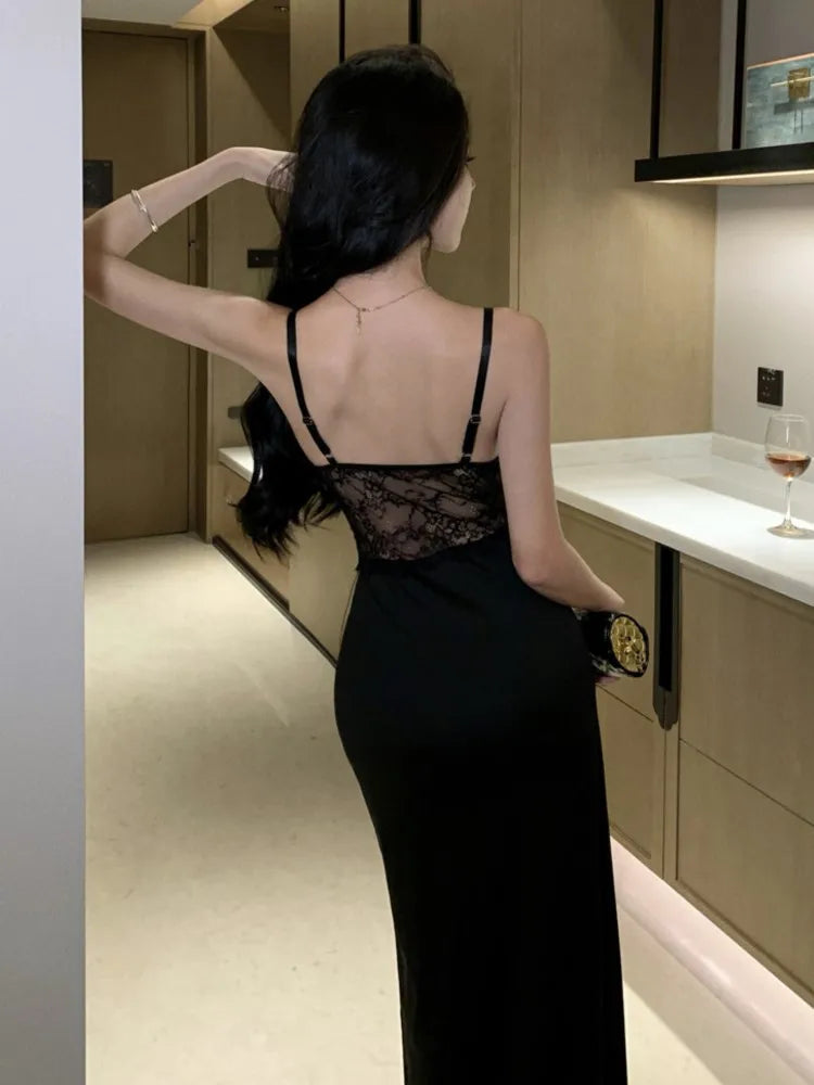 Black Lace Long Dresses for Summer New Hollow Out High Split Bodycon Camisole Evening Party Dress Prom Robe Vestido
