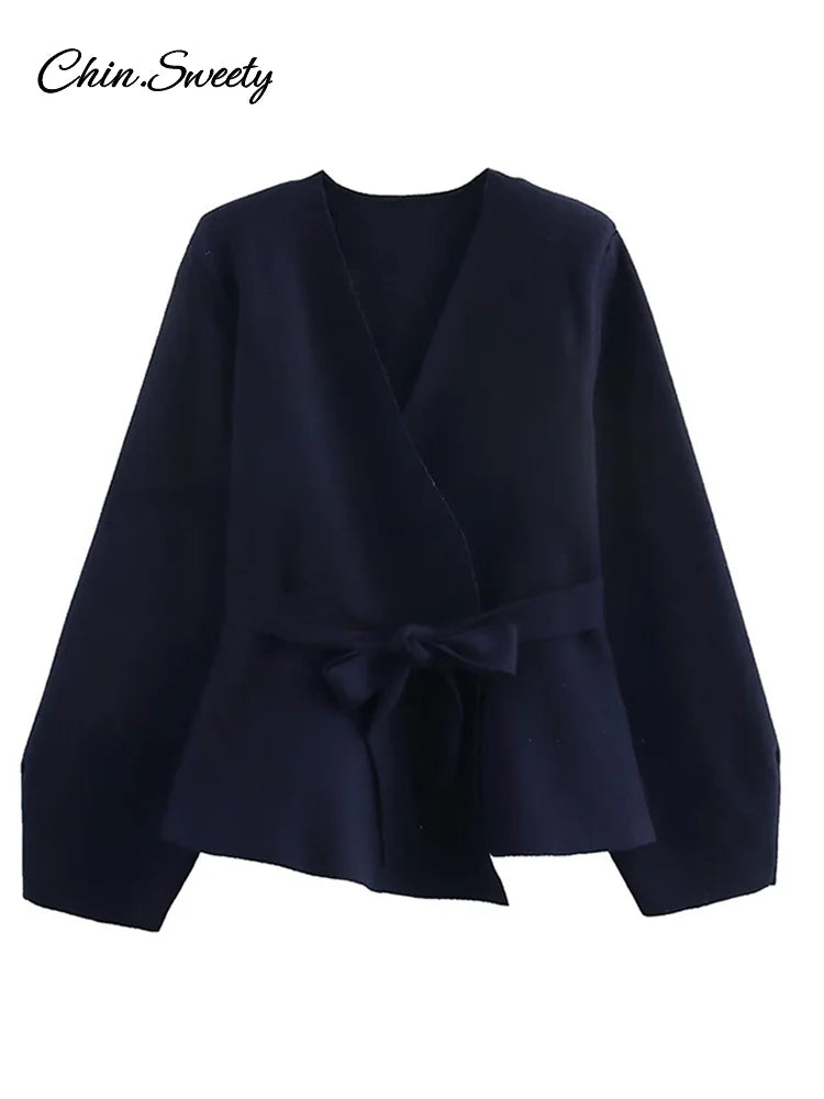 Lace Up Knit V-neck Jacket Full Sleeve Loose Cardigan Top New Spring Lady High Street Outwear