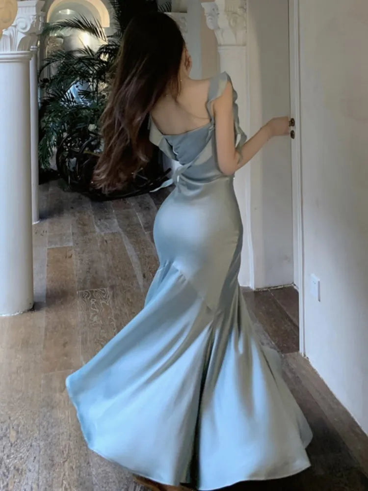 Summer Mermaid Dress Bodycon Spaghetti Strap Midi Maxi Dresses Lady Stain Party Square Neck New Robe