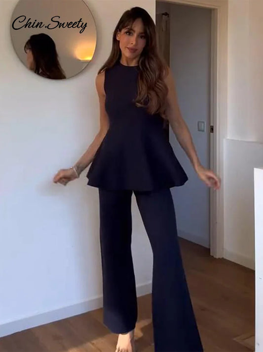 Knitted Pants 2 Piece Set O-neck Sleeveless Ruffle Hems Pullover High Waist Elastic Pant Lady New in Matching Suits