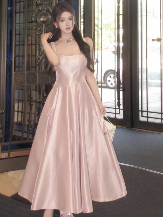 Satin Midi Dresses for Sleeveless High Waist Evening Party Dress A-line Prom Robe Korean Summer Vestidos