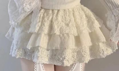 Y2k Mini Cake Skirts Suit Korean Lolita Style Skirt Sets Flower Lace Slash Neck Knitted Sweater
