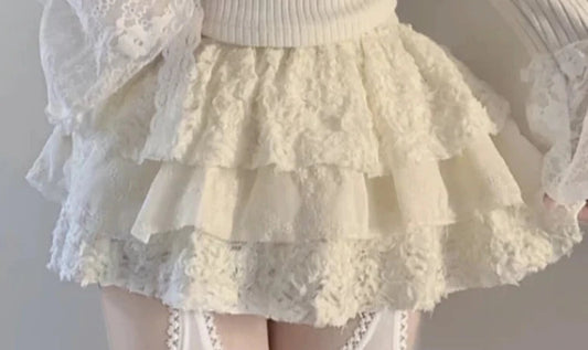 Y2k Mini Cake Skirts Suit Korean Lolita Style Skirt Sets Flower Lace Slash Neck Knitted Sweater