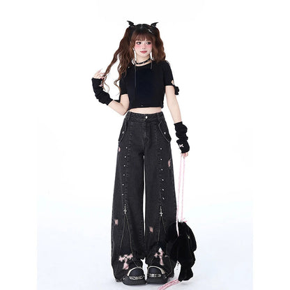 Black Gothic Baggy Jeans High Waist Cowboy Pants Harajuku Denim Trousers Aesthetic Y2k Emo Trashy 2000s Clothes