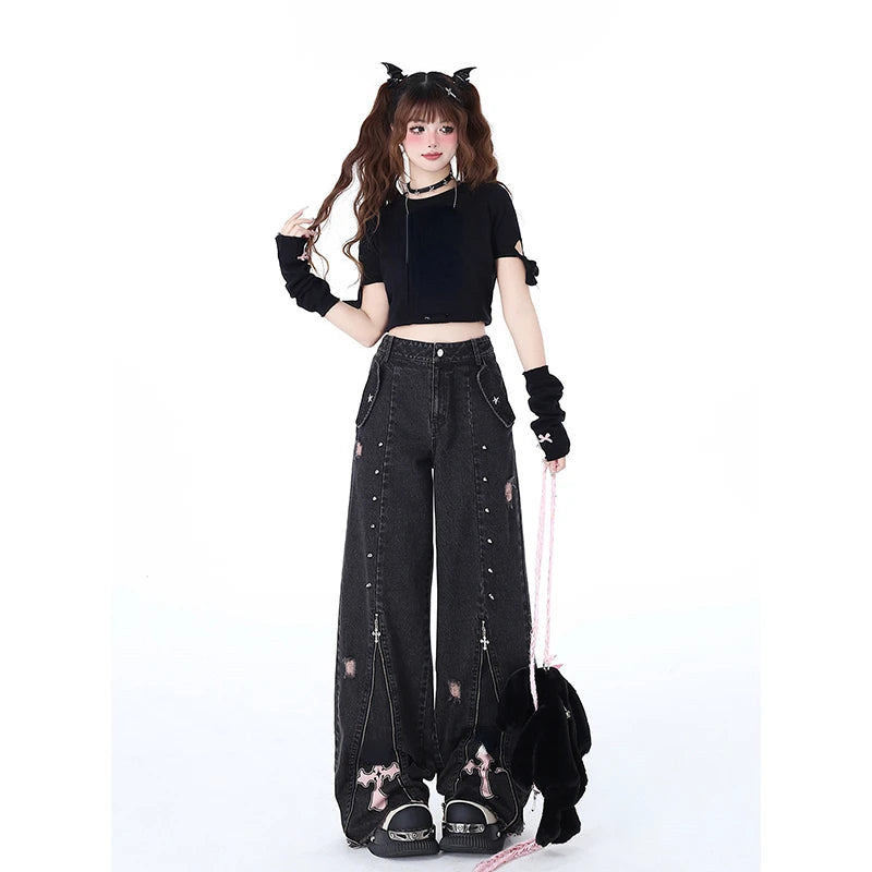 Black Gothic Baggy Jeans High Waist Cowboy Pants Harajuku Denim Trousers Aesthetic Y2k Emo Trashy 2000s Clothes