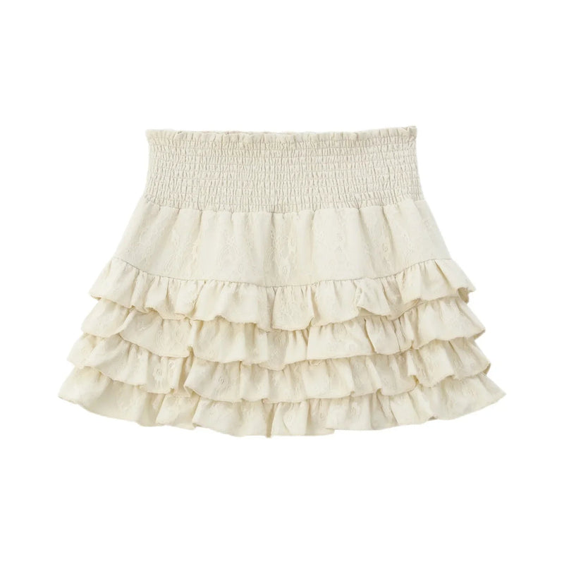 Creamysweet Creamy Girly Skirt With High Waist and Black and White Lace Puffy Cake Skirt