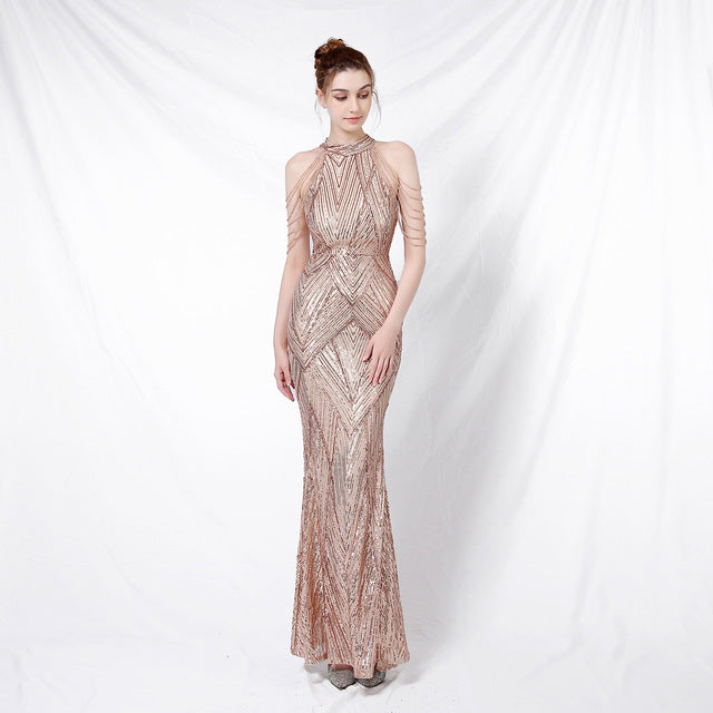 Halter Neck Sequined Evening Dresses Crystal Tassel Hip Skirt Sleeveless Rhinestone Decoration Long Dress