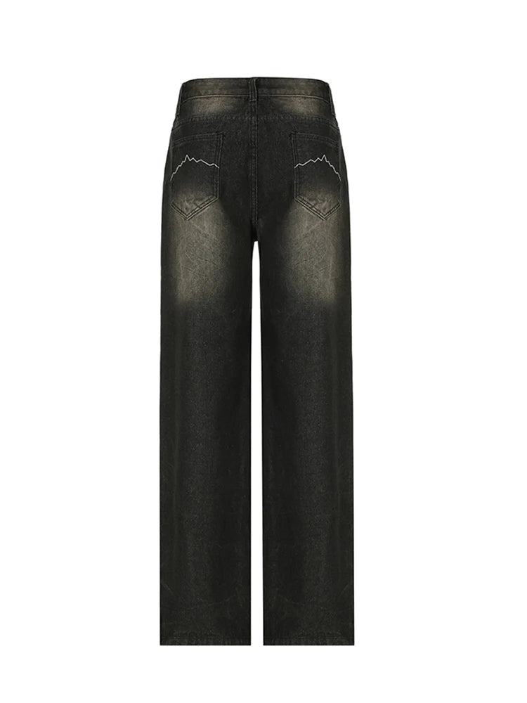 American Retro Straight Leg Jeans Woman Street Style Distressed Denim Pants