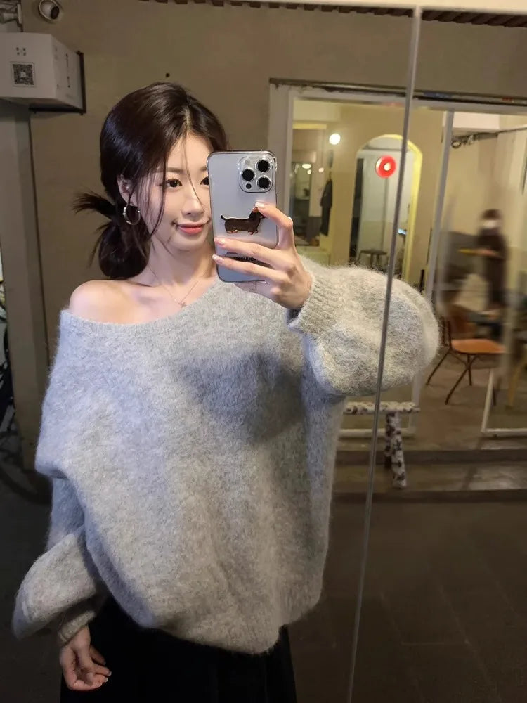 Lazy Halter Bow Round Neck Sweater Female Sueter Mujer Autumn Longsleeved Pullovers Loose Thin Gentle Gray Top