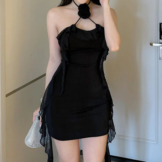 Summer Dress Y2k Clothes Color Sleeveless Backless Ruffled Tassel Mini Dress With 3d Flower Party Dresses