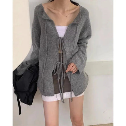 Autumn for Crop Tops Korean Retro High Street Hollow Out Bandage Sweater Cardigan Knit Jacket Tops