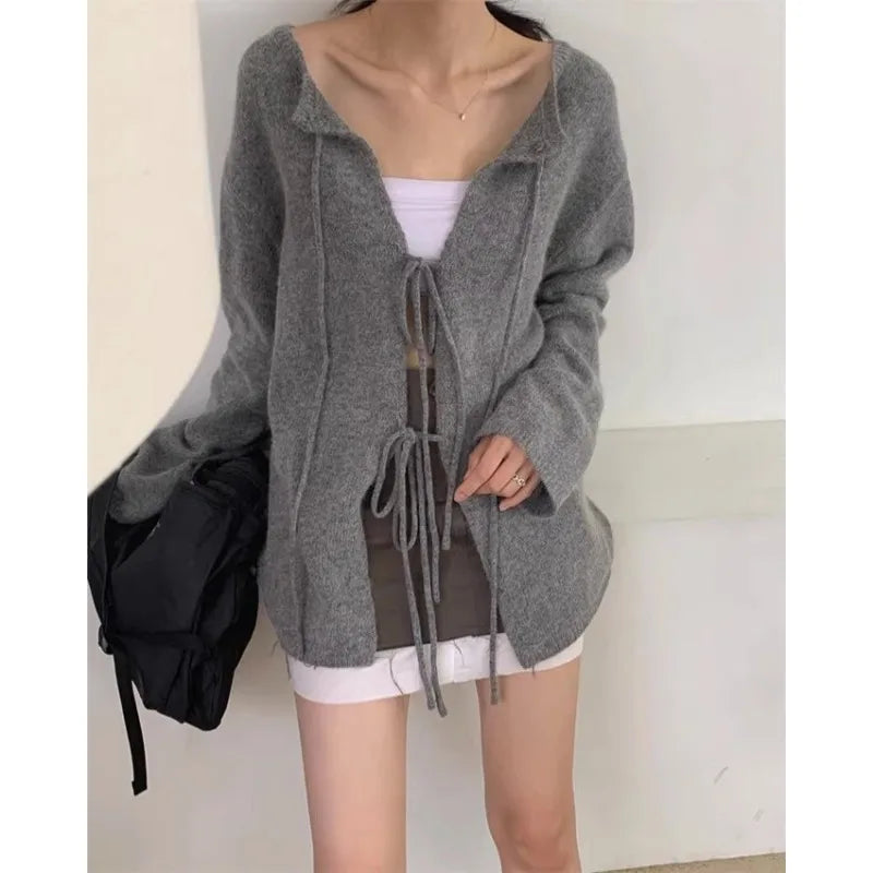 Autumn for Crop Tops Korean Retro High Street Hollow Out Bandage Sweater Cardigan Knit Jacket Tops