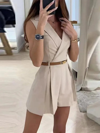 Summer Jumpsuit With Belt Sleeveless Turndown Collar Slim Short Jumpsuits Female Sping Lady Romper