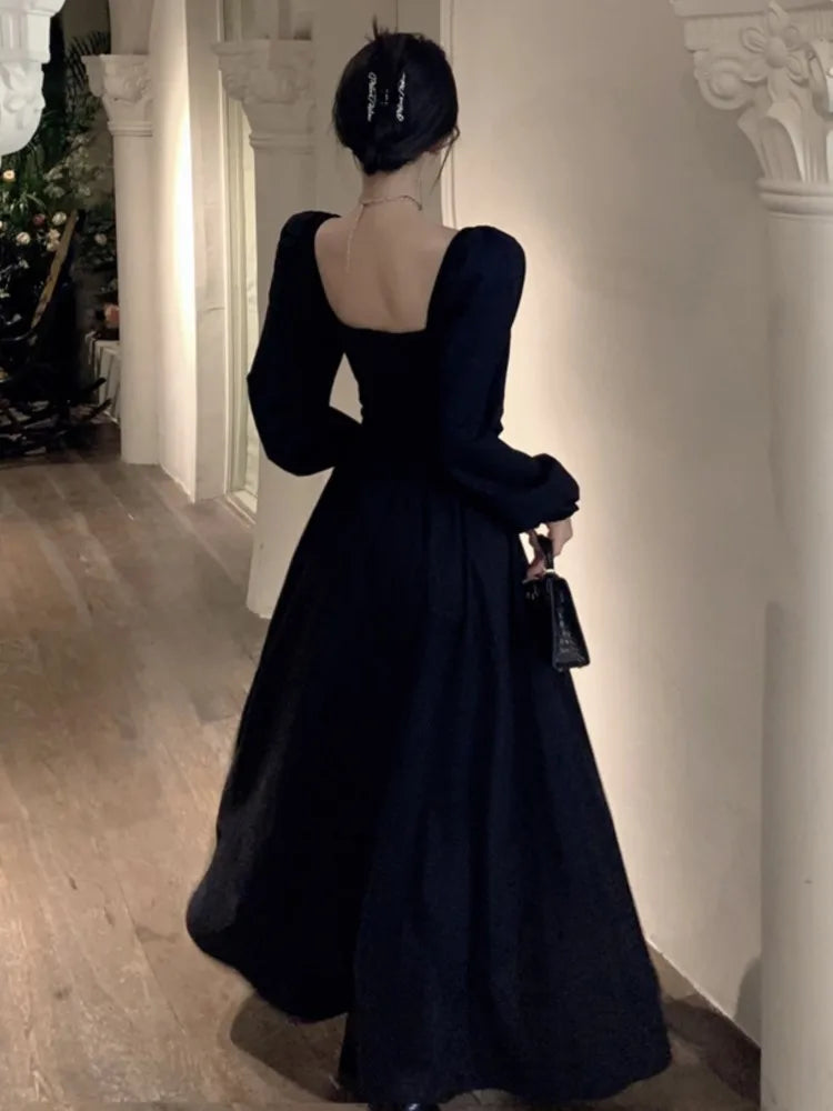 Black Long Dresses for Long Sleeve Square Collar Hollow Out High Slit Evening Party Dress Prom Robe Vestidos Mujer