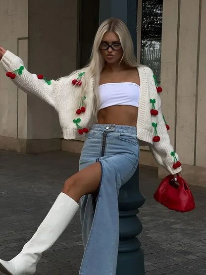 3d Cherry Patchwork Knitted Cardigan Long Sleeved Cropped Sweater Top Autumn Commuting Street Outwear