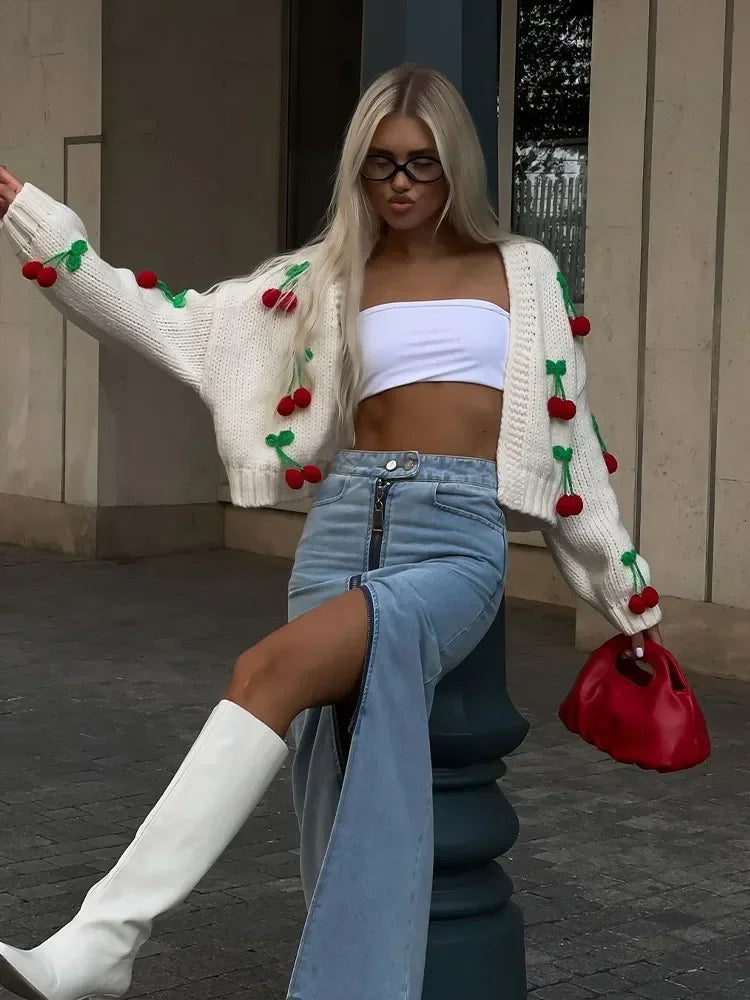 3d Cherry Patchwork Knitted Cardigan Long Sleeved Cropped Sweater Top Autumn Commuting Street Outwear