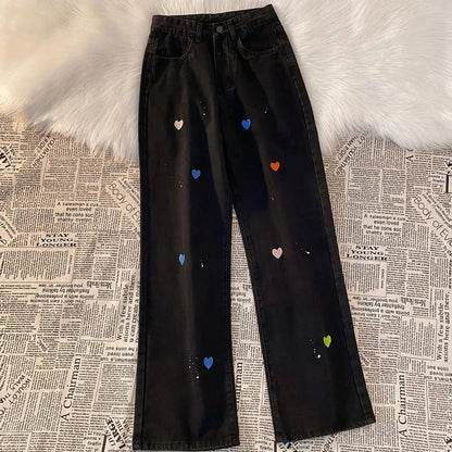 Korean Lace Slit Jeans Pants High Waist Oversize Wide Leg Trousers New Ins All Match Denim