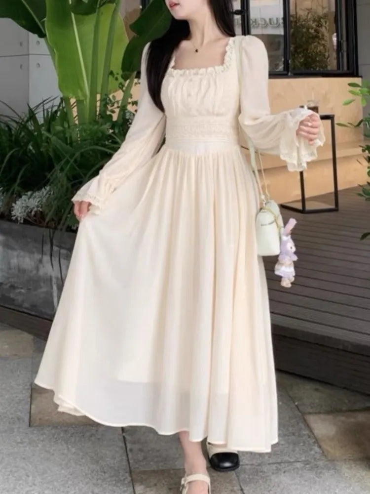 French Princess Midi Dresses Summer Korean Lace Spliced Long Sleeve Vestidos New Evening Clothes