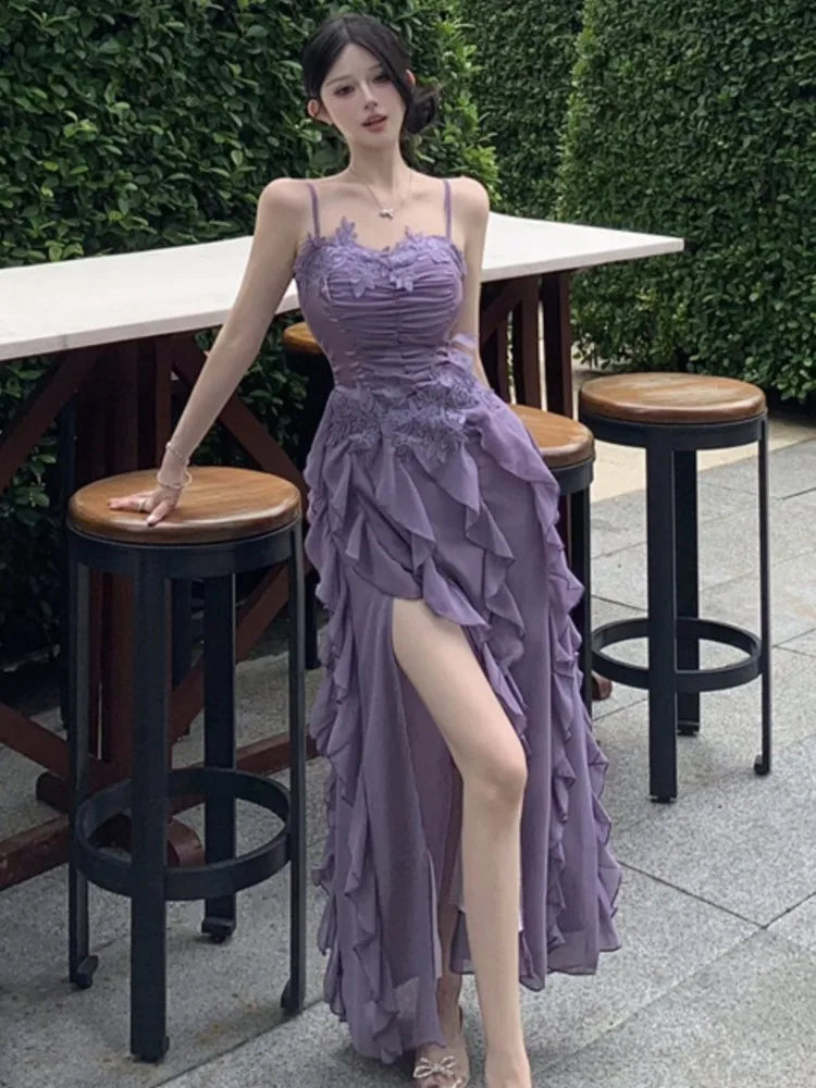 Korean Sweet Fairycore Long Dresses for Spaghetti Strap Ruffles Princess Party Dress Summer Slim Waist Vestidos