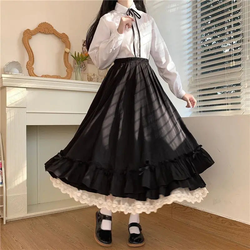Japanese Color Double Layer French Ruffled Aline Pleated Skirt Hepburn Half Skirt Female White Long Skirt