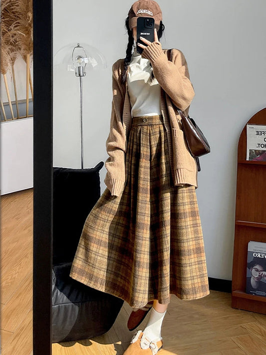 Autumn Winterthicken Warm Pockets Plaid Woolen Skirts for Female Loose High Waist Midi Skirt