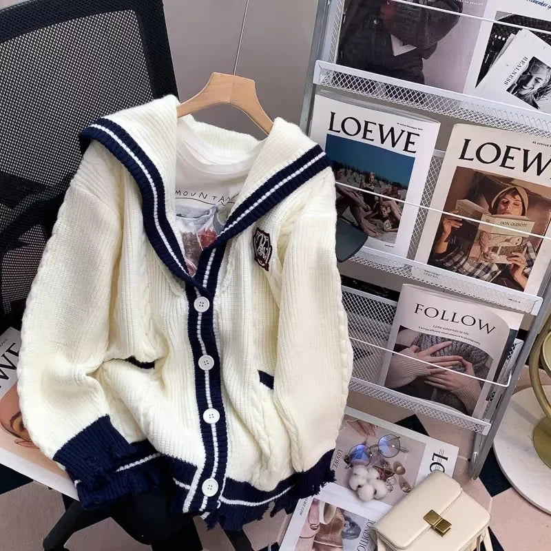 Sailor Collar Knitted Cardigan Oversized Preppy Style Sweaters Coat for Korean Style New