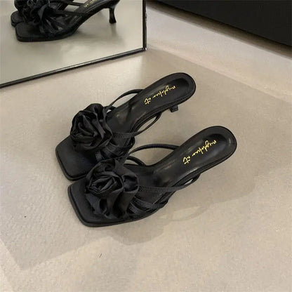 Red Rose Handmade Flower Sandal Heels Summer New Wedding Shoes Bride Shoes Design Pumps