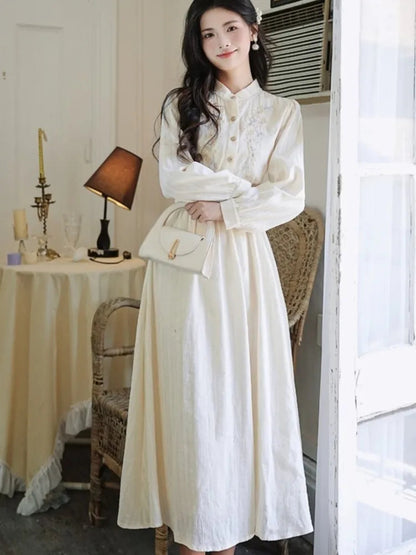Fairy Embroidery Midi Dress Female French Party Midi Dress Stand Collar Puff Sleeve Evening Robe Vestidos