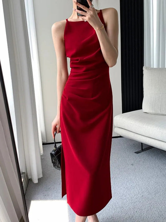 Summer Korean Slim Red Sleeveless Midi Dress New Spaghetti Straps Bodycon Split Clothes Office Lady Vestidos