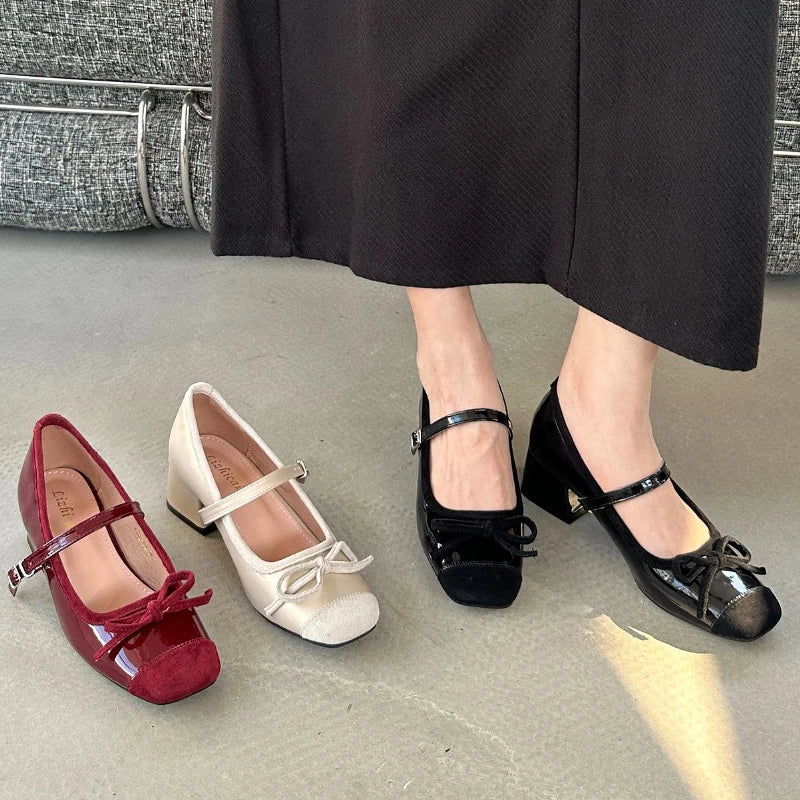 Chunky Mary Jane Shoes New Butterflyknot Ballet Shoes Retro High Heels Dress Shoes Zapatos De Mujer