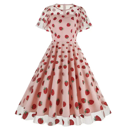 New Retro Pink Strawberry Mesh Birthday Long Dress 50s Flare Sleeve Summer Prom Evening Party Dresses