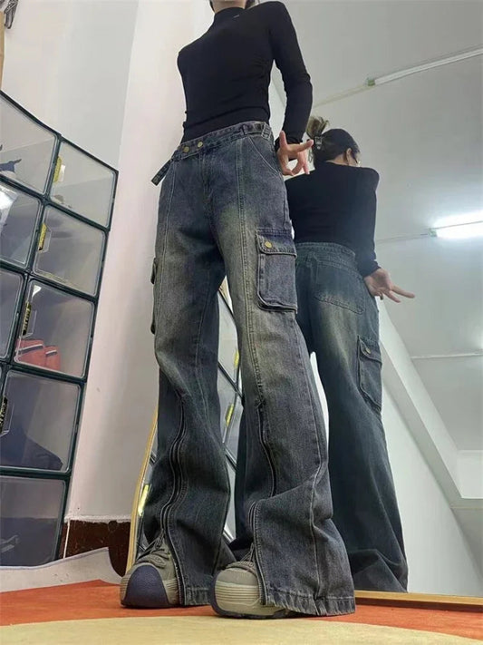 Blue Cargo Pants High Waist Washed Jeans American Retro High Street Flared Wide Leg Split Trousers With Zipper New
