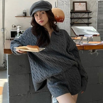 Korean Two-piece Set V-neck Loose Pullover Sweater Top Shorts Outfits Autumn New Suit Female Clothing