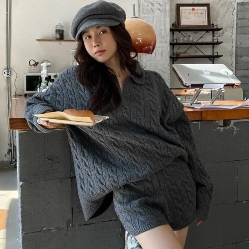 Korean Two-piece Set V-neck Loose Pullover Sweater Top Shorts Outfits Autumn New Suit Female Clothing