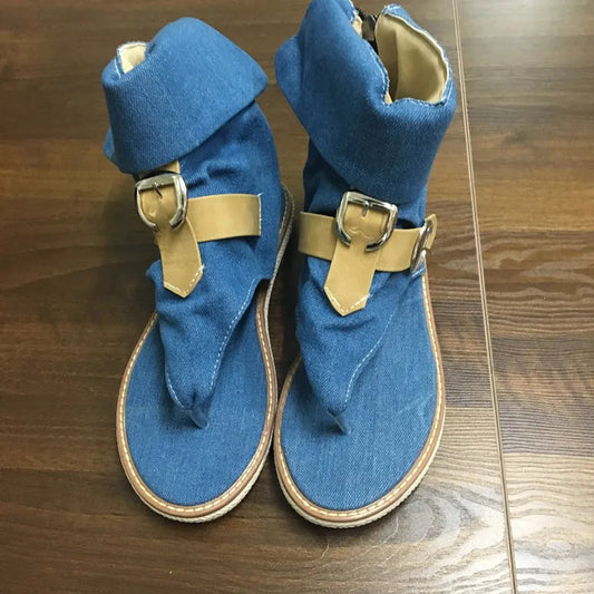 Blue Shoes Buckle Gladiator Sandals Summer Jeans Boots Booties Sandalias Size 43