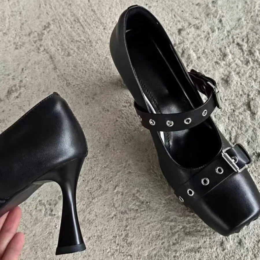 Designer Heeled Ballet Shoes Belt Buckle Chunky Heeled Platform Loafers New Square Toe Mary Jane Shoes