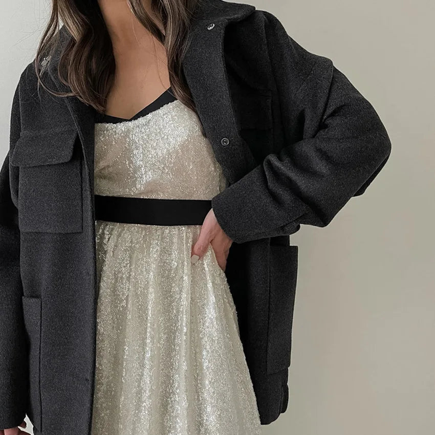 Autumn Winter Warm Woolen Jackets for Basical Big Pockets Long Sleeve Coats Outwear Clothes